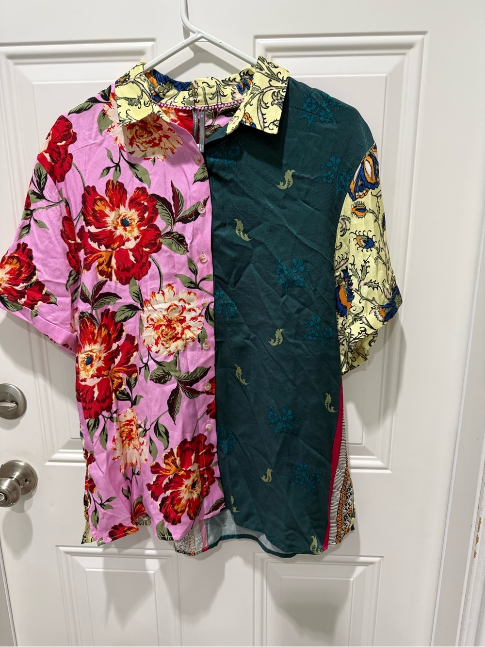 Anthropologie Mixed-Print Button-Up Blouse - Pink, Red & Teal size XS